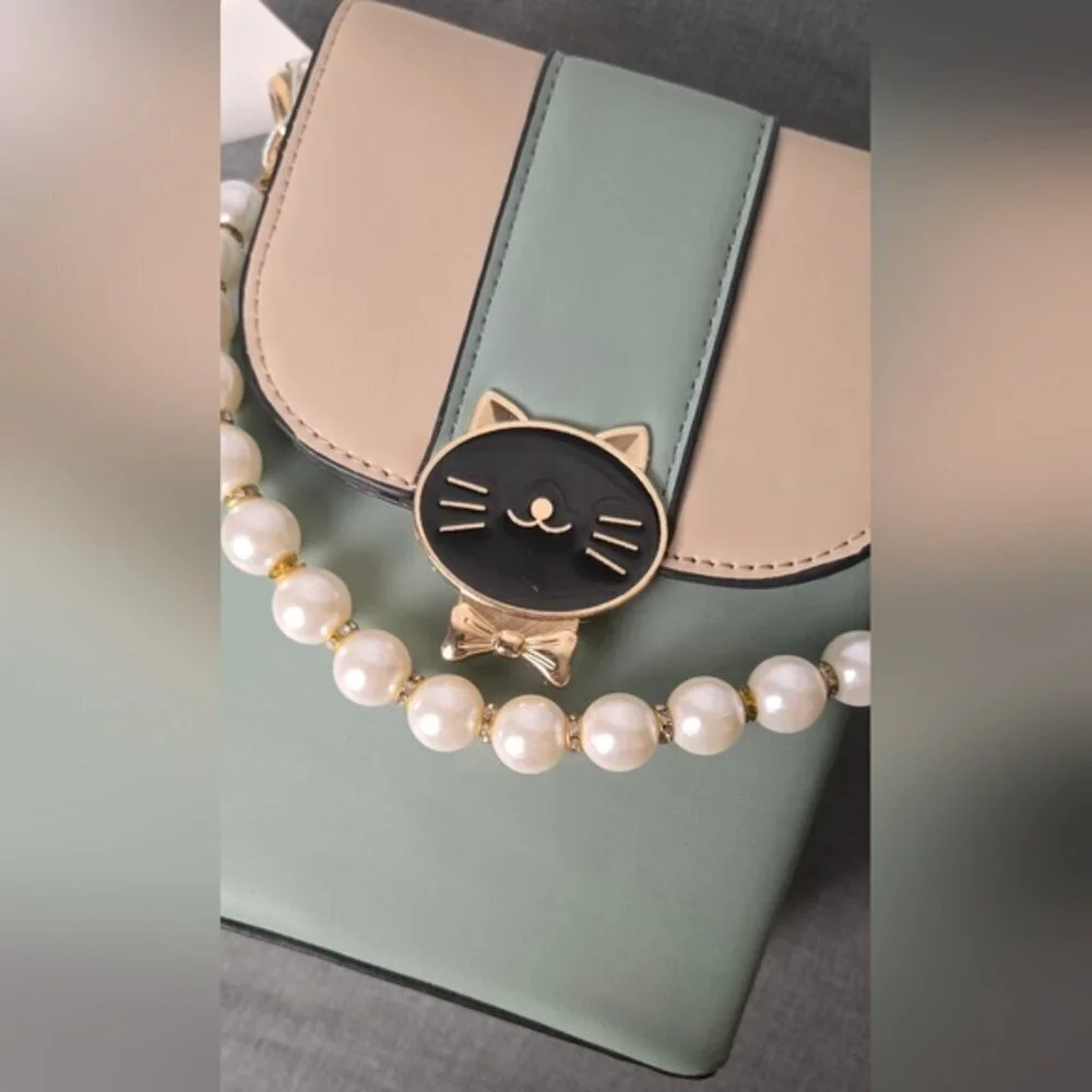 Chic Cat Design Green and Cream Crossbody / Handbag